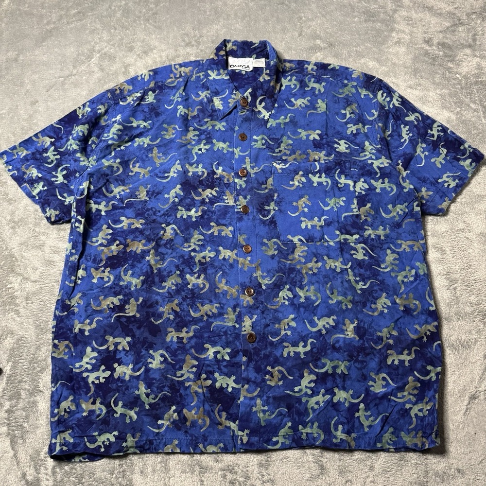 Vintage Omega Fashion 80s‎ Hawaiian Button Shirt Gecko Allover Print Mens Size L